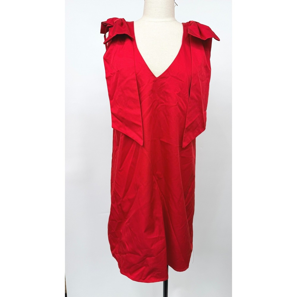 FORE Red Oversized Shoulder Bow Shift Dress Deep V-Neck Sleeveless L D16722NY